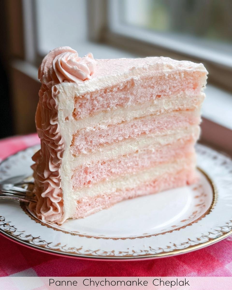 A slice of Pink Champagne Cake with layers of pink cake and white frosting, topped with a swirl of pink frosting.