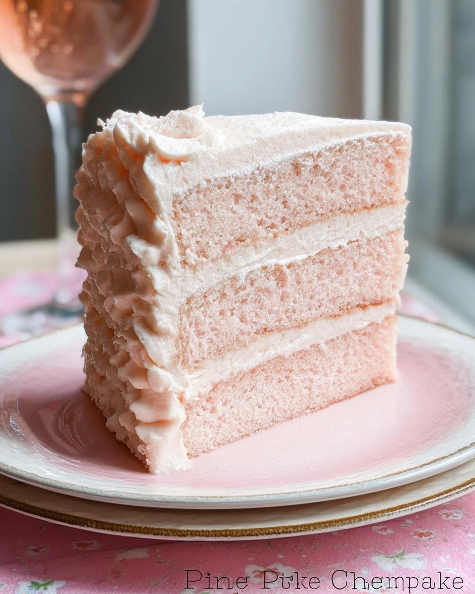 A slice of moist Pink Champagne Cake with delicate pink layers and creamy white frosting.