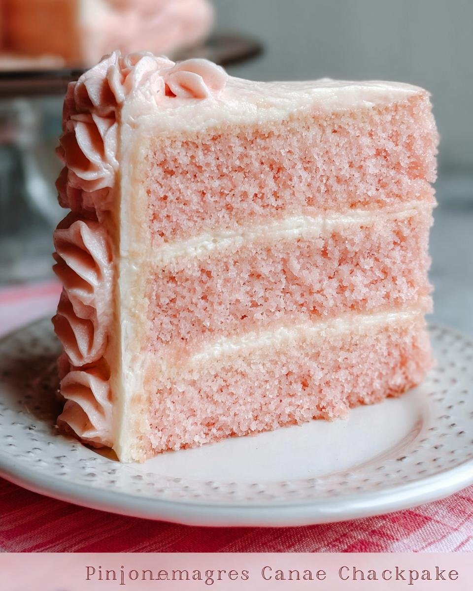 A slice of moist Pink Champagne Cake with layers of fluffy white frosting and delicate pink frosting details.
