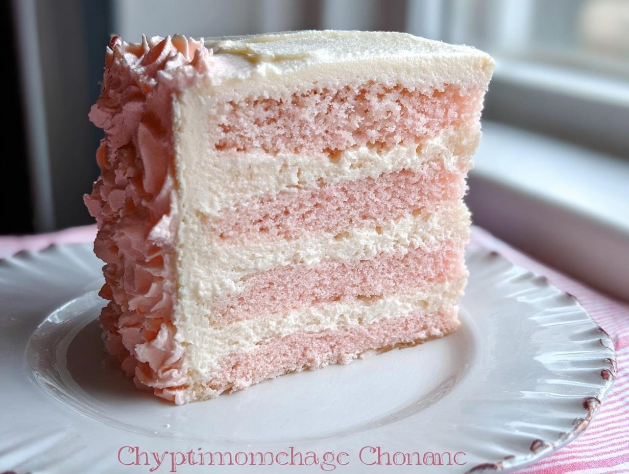 A slice of Pink Champagne Cake with layers of pink cake and white frosting, decorated with pink frosting swirls.