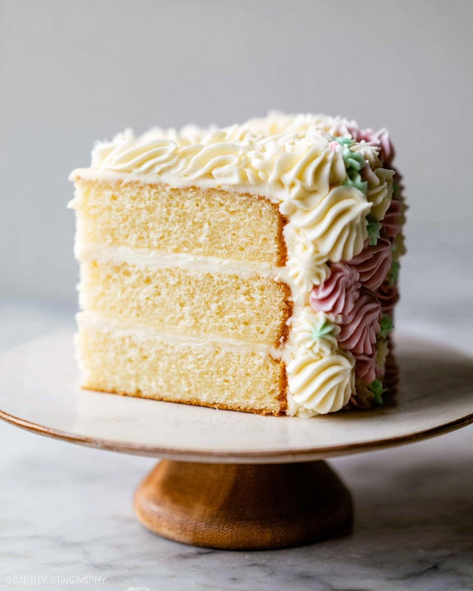 A slice of a three-layer vanilla cake with white buttercream frosting and delicate pink and green floral piping, perfect for pretty birthday cakes.