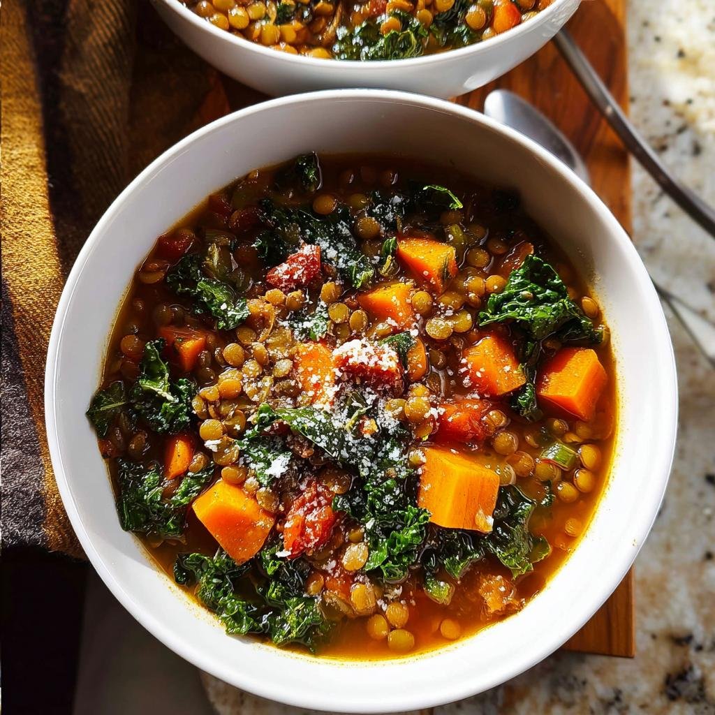 A close-up overhead view of a bowl of hearty Lentil and Vegetable Soup Protein Packed, featuring lentils, kale, and sweet potato cubes.