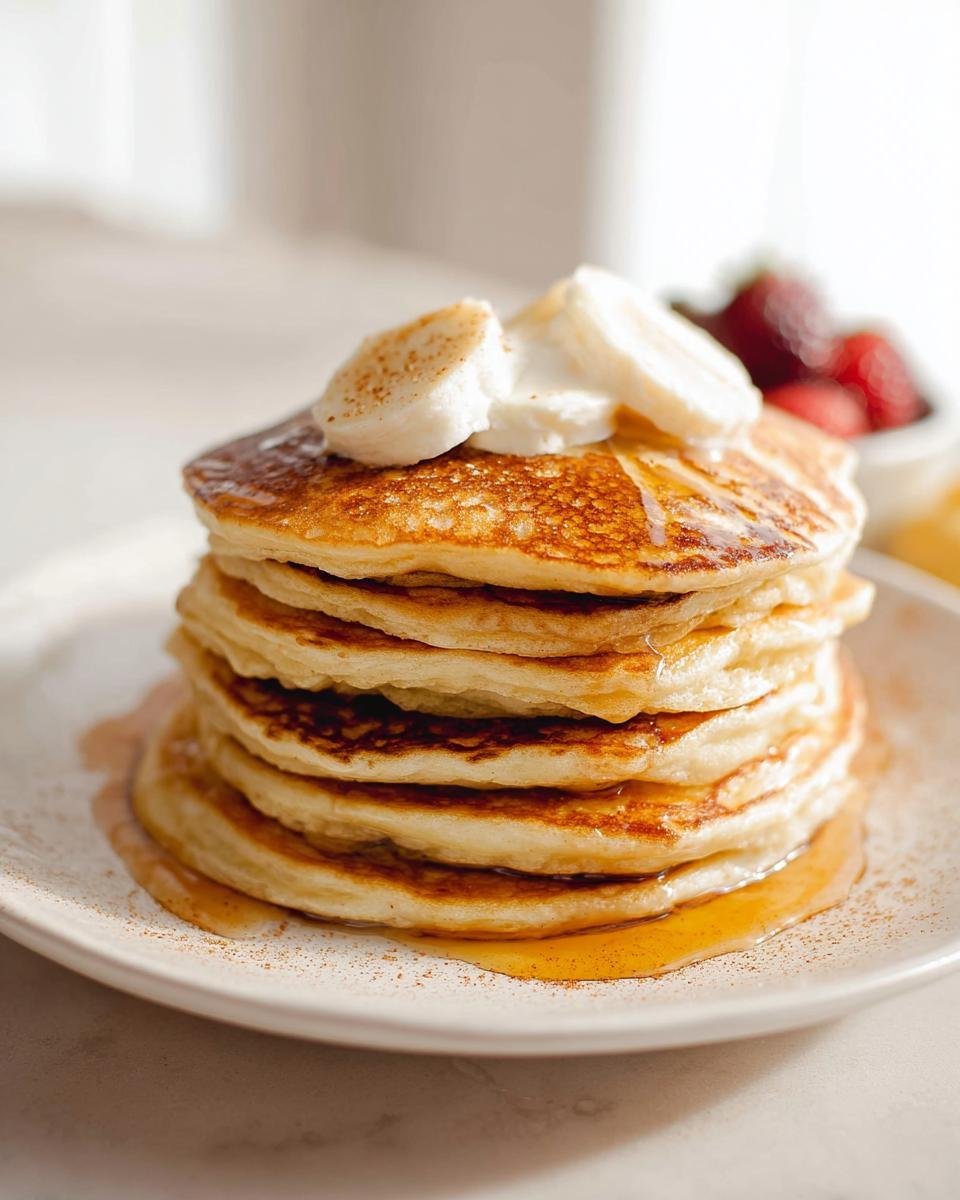 A tall stack of fluffy Protein Pancakes Fluffy drizzled with syrup and topped with banana slices and cream.