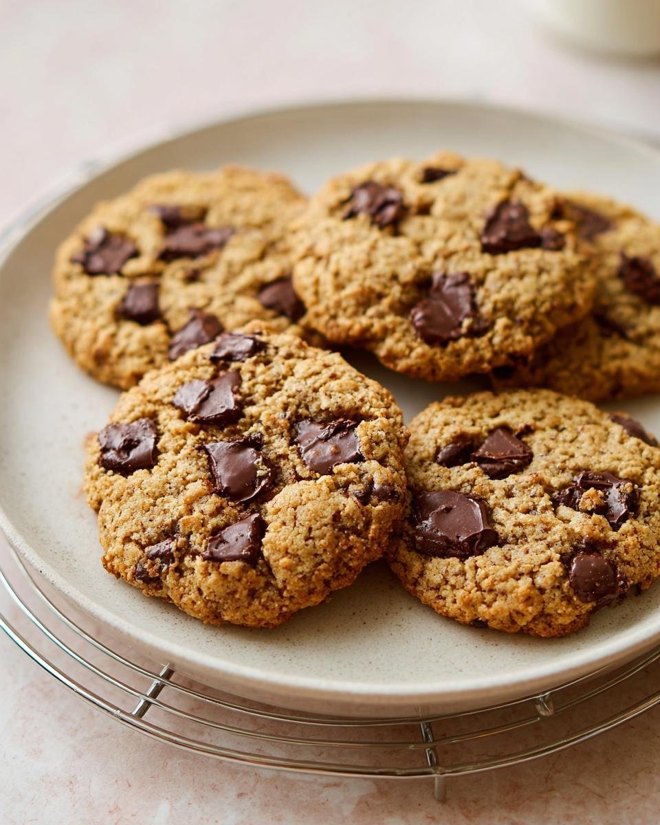 Close-up of several oatmeal chocolate chip cookies ready fast, served on a light plate.