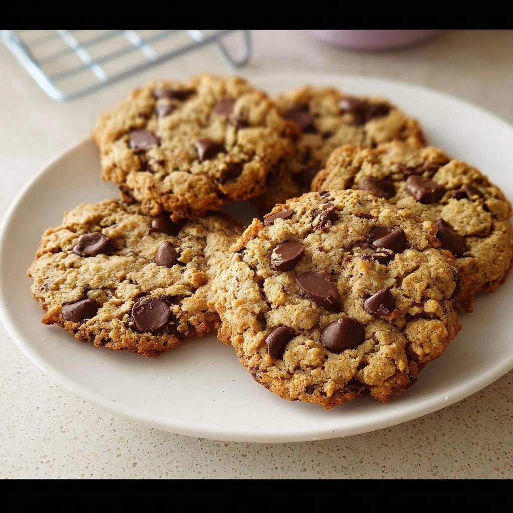 Five freshly baked Quick Chocolate Chip Cookies Ready Fast piled on a white plate.