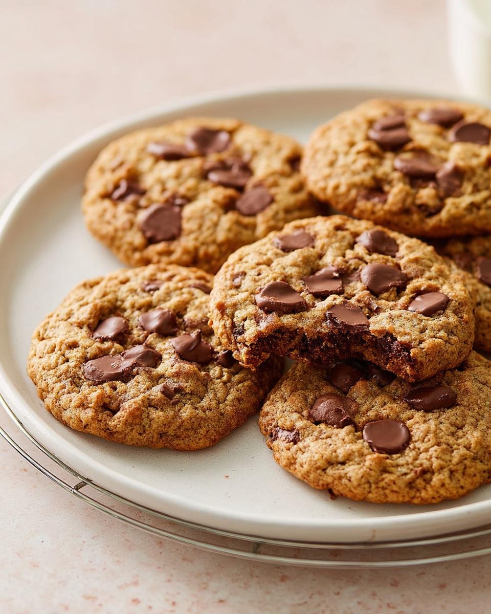 A stack of freshly baked Quick Chocolate Chip Cookies Ready Fast, one cookie is broken open showing melted chocolate.