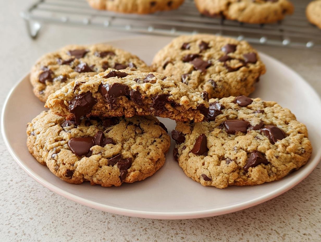 Four freshly baked Quick Chocolate Chip Cookies Ready Fast on a plate, one broken open showing gooey melted chocolate.