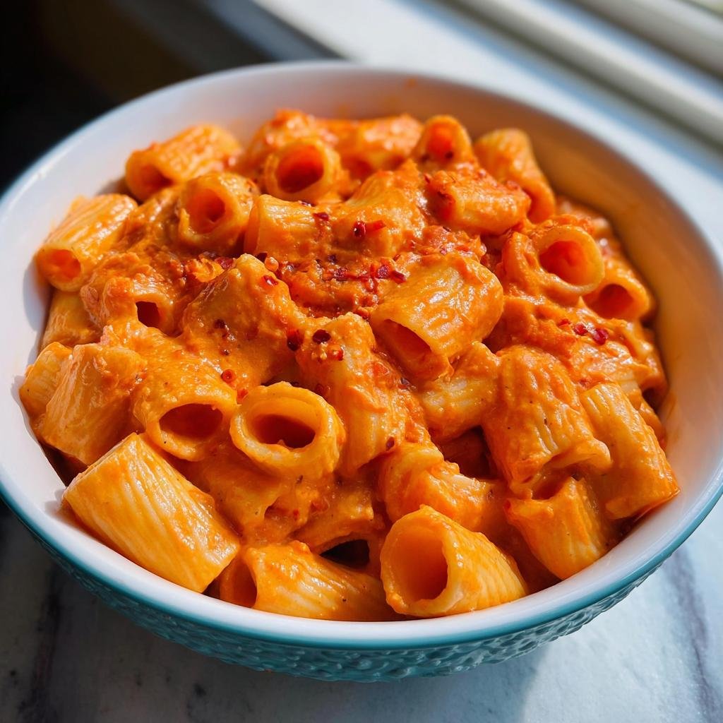 A close-up of a bowl filled with Rigatoni alla Vodka coated in a creamy, orange-pink sauce and sprinkled with red pepper flakes.