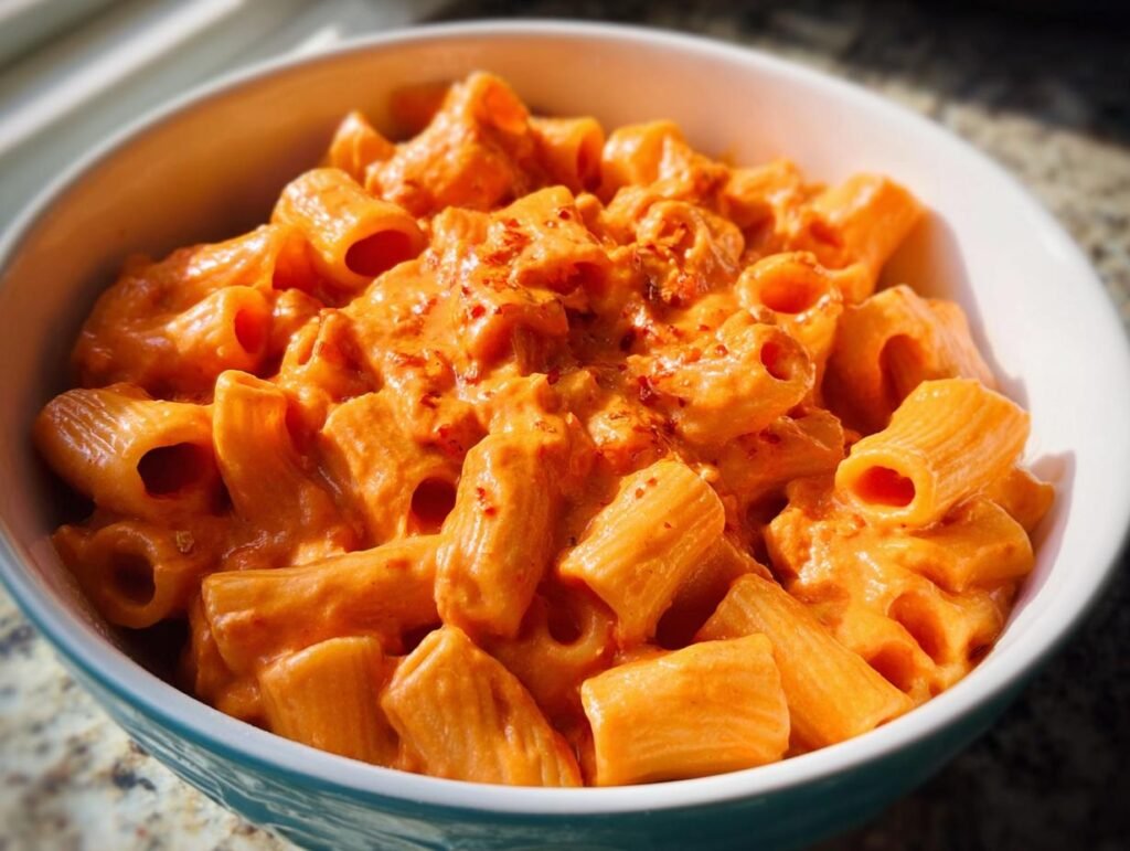 Close-up of Rigatoni alla Vodka Weeknight Upgrade coated in a rich, creamy orange-pink sauce, topped with red pepper flakes.