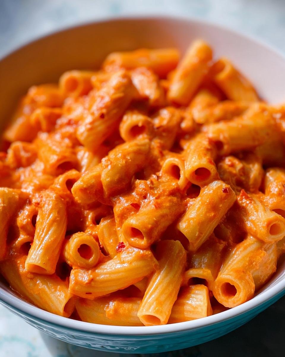 A close-up bowl filled with creamy Rigatoni alla Vodka Weeknight Upgrade pasta.