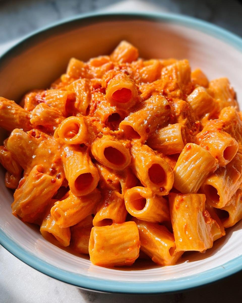 Close-up of Rigatoni alla Vodka coated in a rich, creamy orange-red sauce, served in a light blue rimmed bowl.