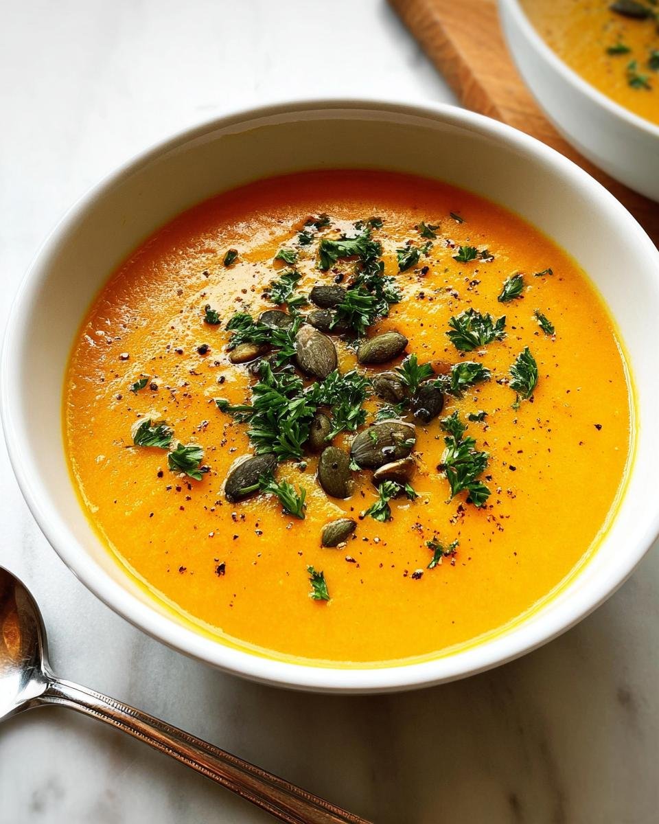A vibrant orange bowl of Roasted Butternut Squash Soup Silky Smooth, garnished with pumpkin seeds and fresh parsley.