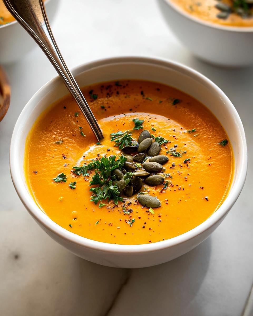 A close-up of a bowl of vibrant orange Roasted Butternut Squash Soup Silky Smooth, garnished with pumpkin seeds and parsley.