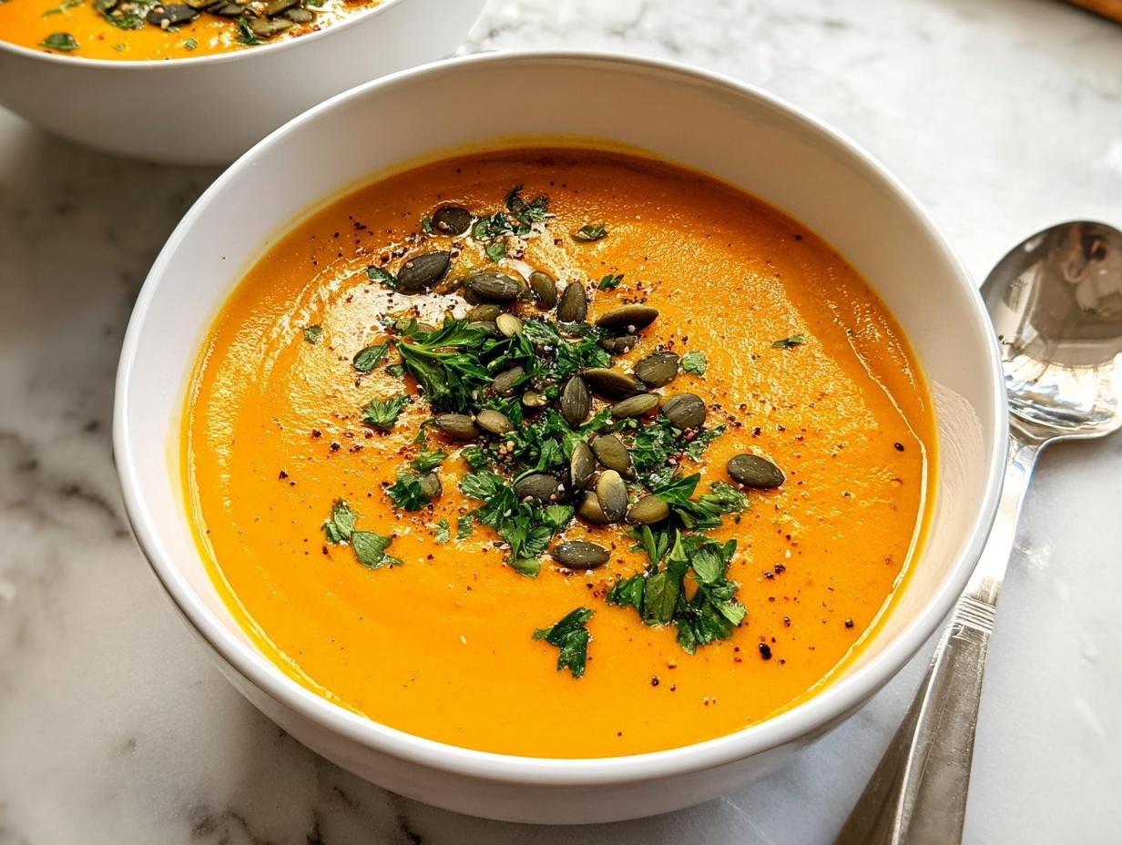 A close-up of a bowl of vibrant orange Roasted Butternut Squash Soup Silky Smooth, garnished with pumpkin seeds and parsley.