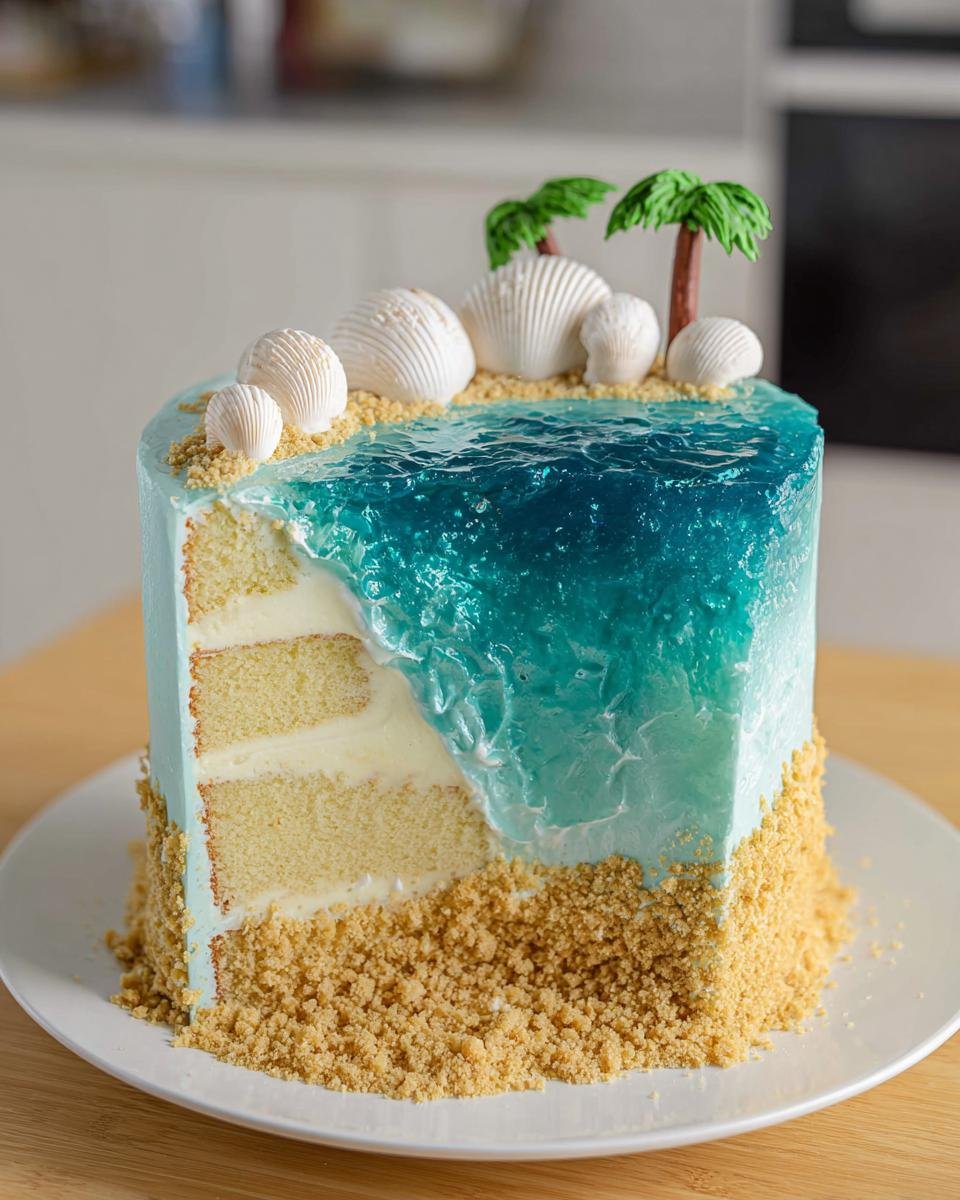 A slice of a Sea Inspired Summer Cake decorated with a blue ocean jelly, sand crumbs, seashells, and palm trees.