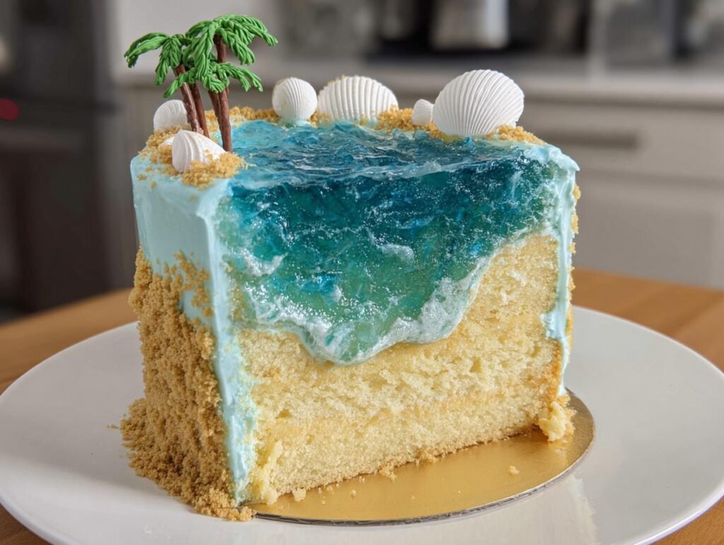 A slice of a sea inspired summer cake, featuring a realistic ocean jelly layer, sandy cake crumb sides, palm trees, and seashells.