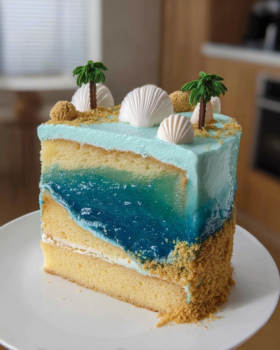 A slice of a Sea Inspired Summer Cake, decorated with blue jelly waves, sand crumbs, seashells, and palm trees.