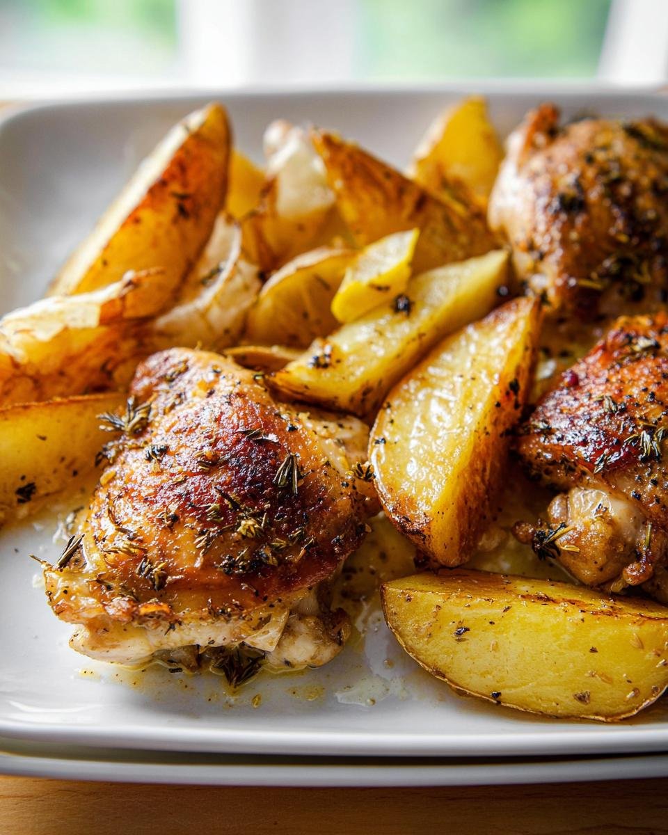 Close-up of crispy Sheet Pan Lemon Herb Chicken Thighs and Potatoes served on a white plate.