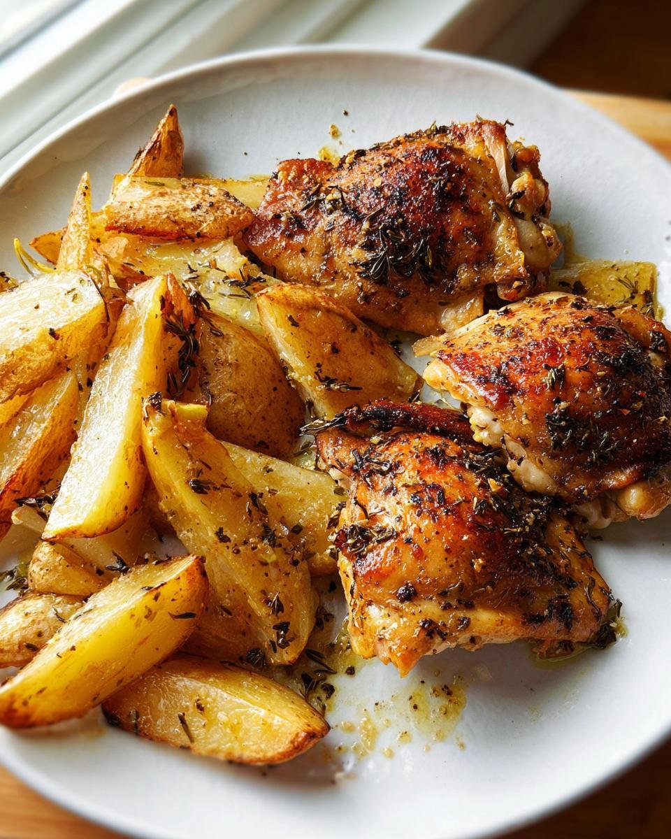 Crispy Sheet Pan Lemon Herb Chicken Thighs and Potatoes served on a white plate.