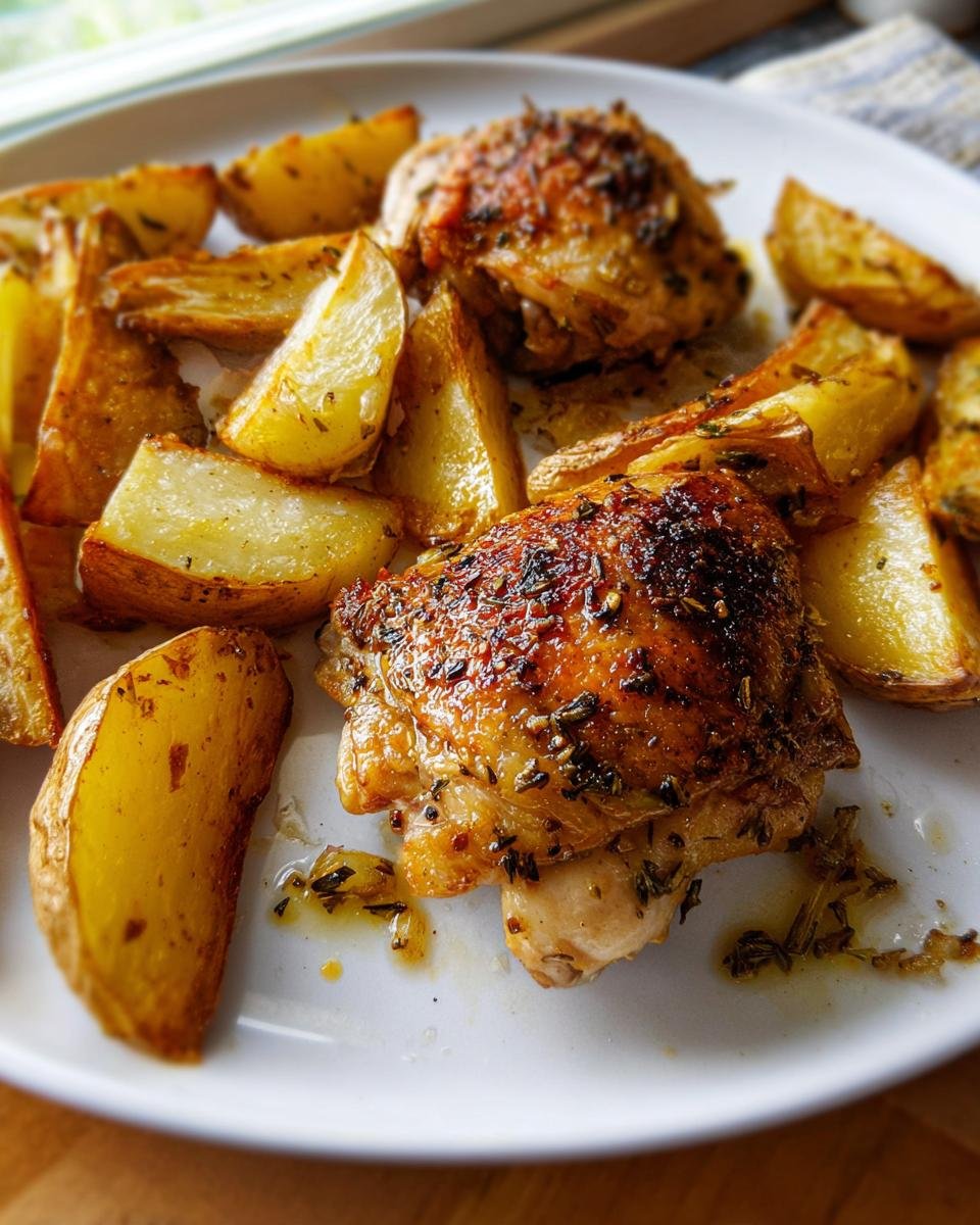 Two crispy Sheet Pan Lemon Herb Chicken Thighs and Potatoes wedges served on a white plate.