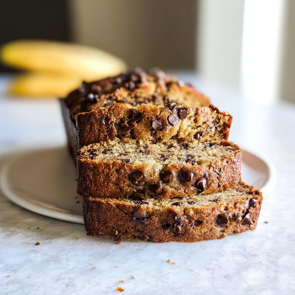 Close-up of three moist slices of simple chocolate chip banana bread stacked on a plate.