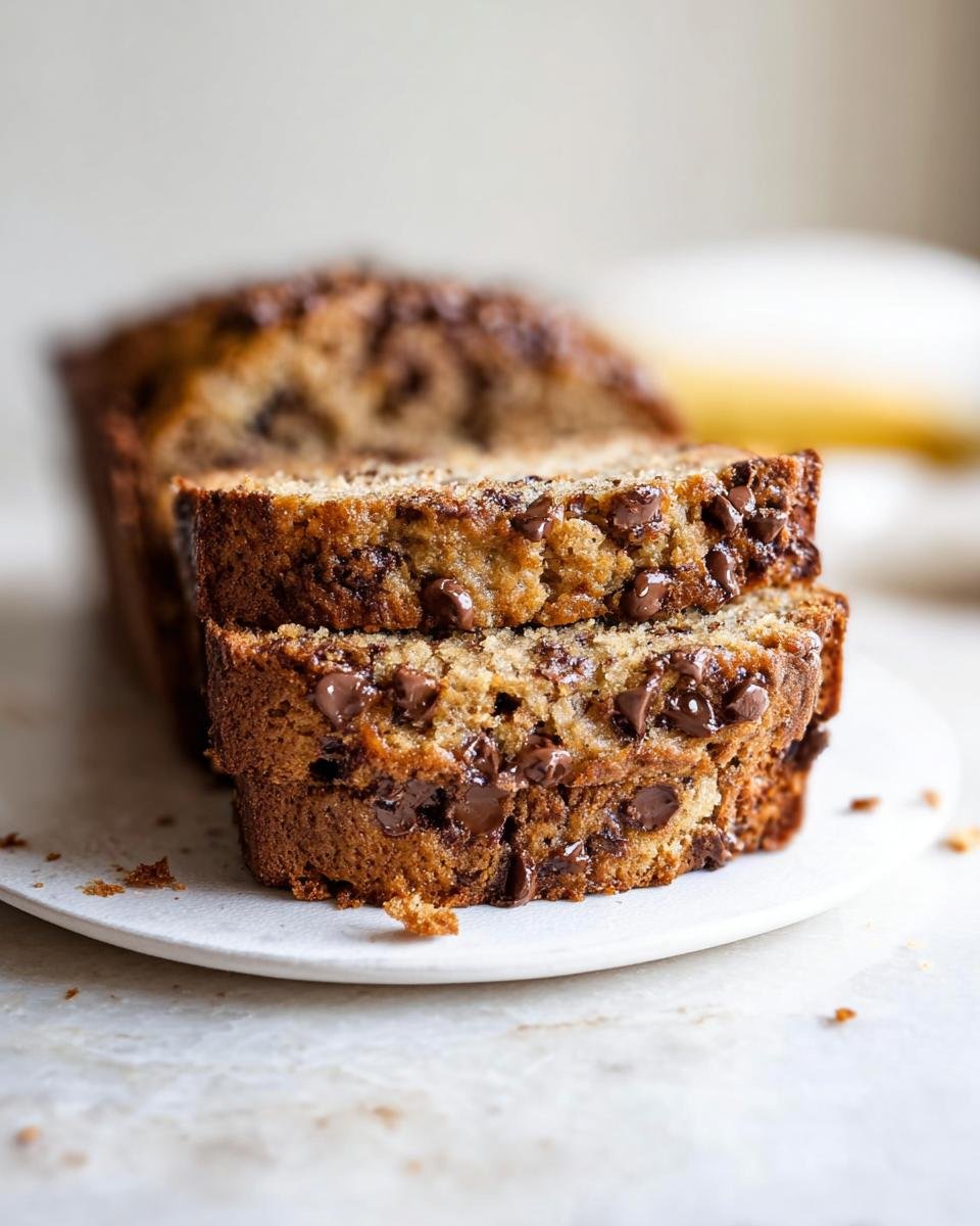 Close-up of two slices of simple chocolate chip banana bread stacked on a plate.