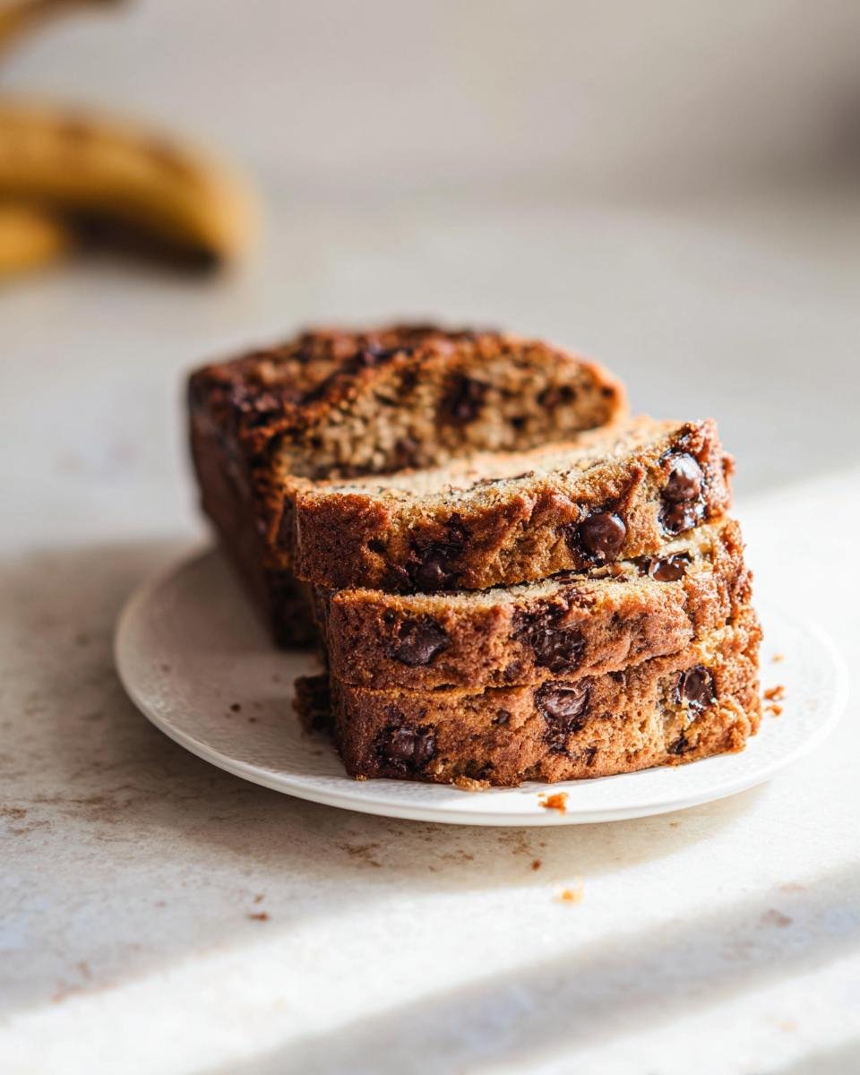 Three slices of simple chocolate chip banana bread stacked on a white plate, with a blurred banana in the background.