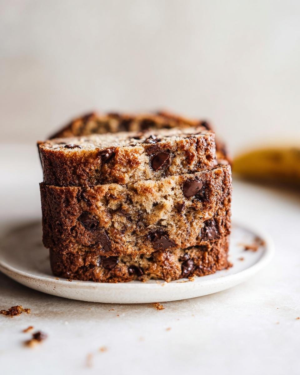 Stack of three moist slices of simple chocolate chip banana bread on a plate.