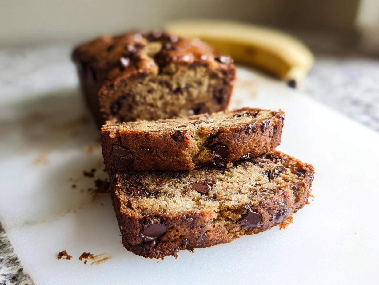 Two slices of moist chocolate chip banana bread stacked on a white cutting board, with a loaf in the background.