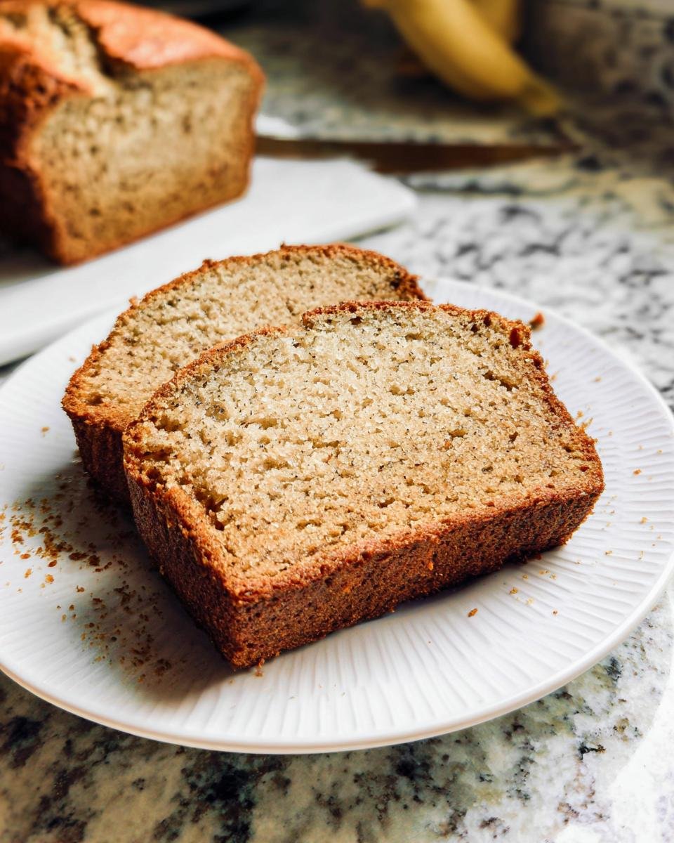 Two slices of Simply Perfect Banana Bread Recipe on a white plate, with a loaf in the background.