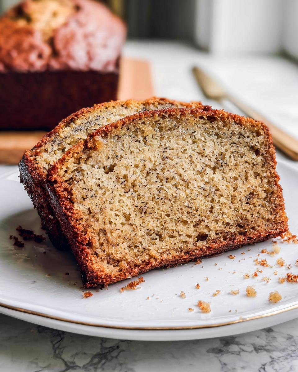 Two moist slices of Simply Perfect Banana Bread Recipe on a white plate with crumbs.