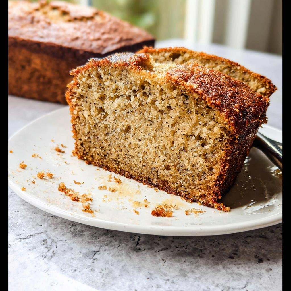 A close-up of a moist slice from a Simply Perfect Banana Bread Recipe, with a golden-brown crust.