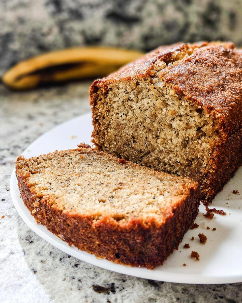 A close-up of a slice of Simply Perfect Banana Bread Recipe, showing its moist texture and golden-brown crust.
