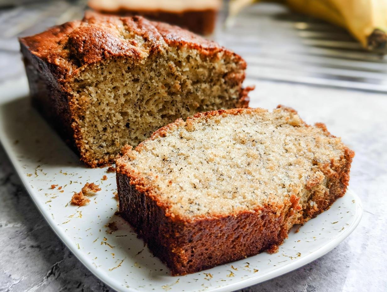 A close-up of a slice of Simply Perfect Banana Bread on a white plate, showcasing its moist texture and golden-brown crust.