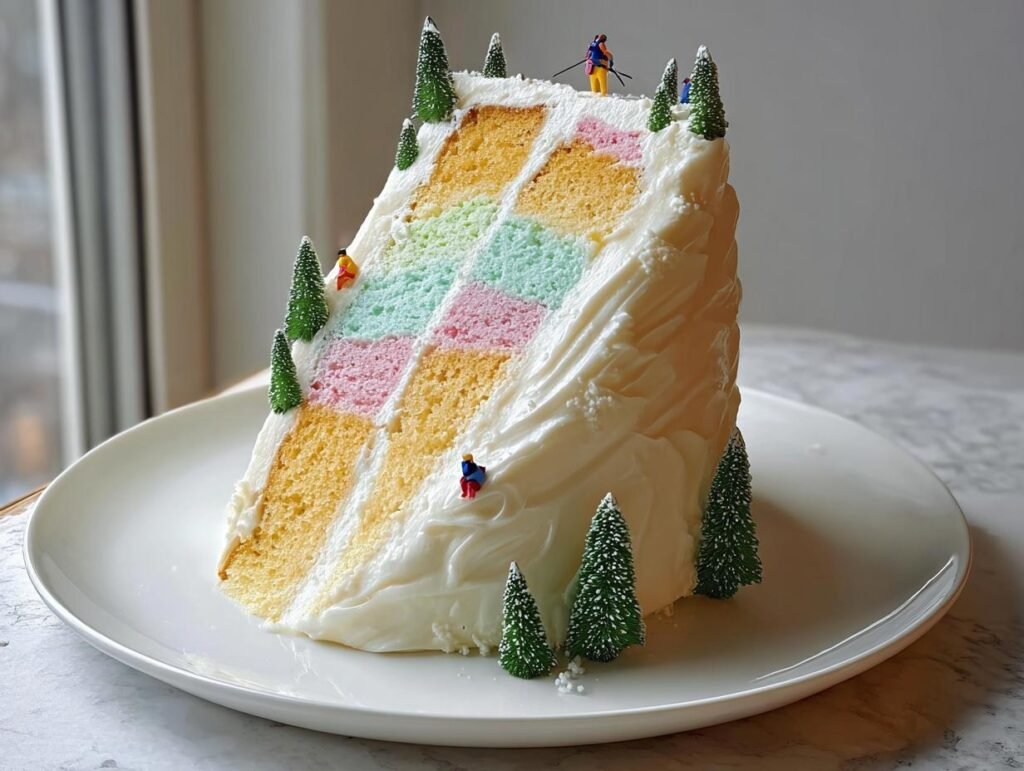 A slice of birthday cake designed to look like a ski slope, complete with miniature skiers and trees.