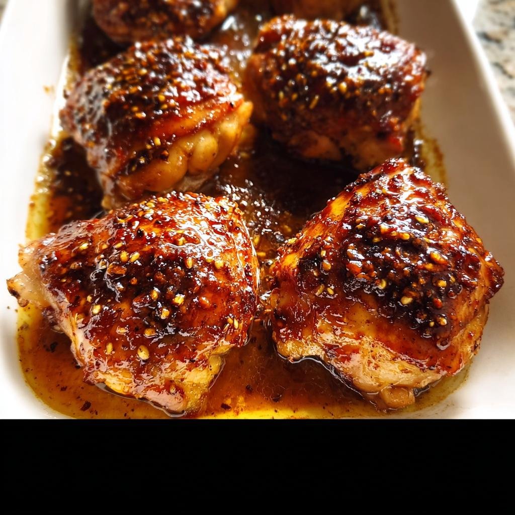 Close-up of juicy Skillet Honey Garlic Chicken Thighs coated in a thick, shiny glaze with visible sesame seeds.