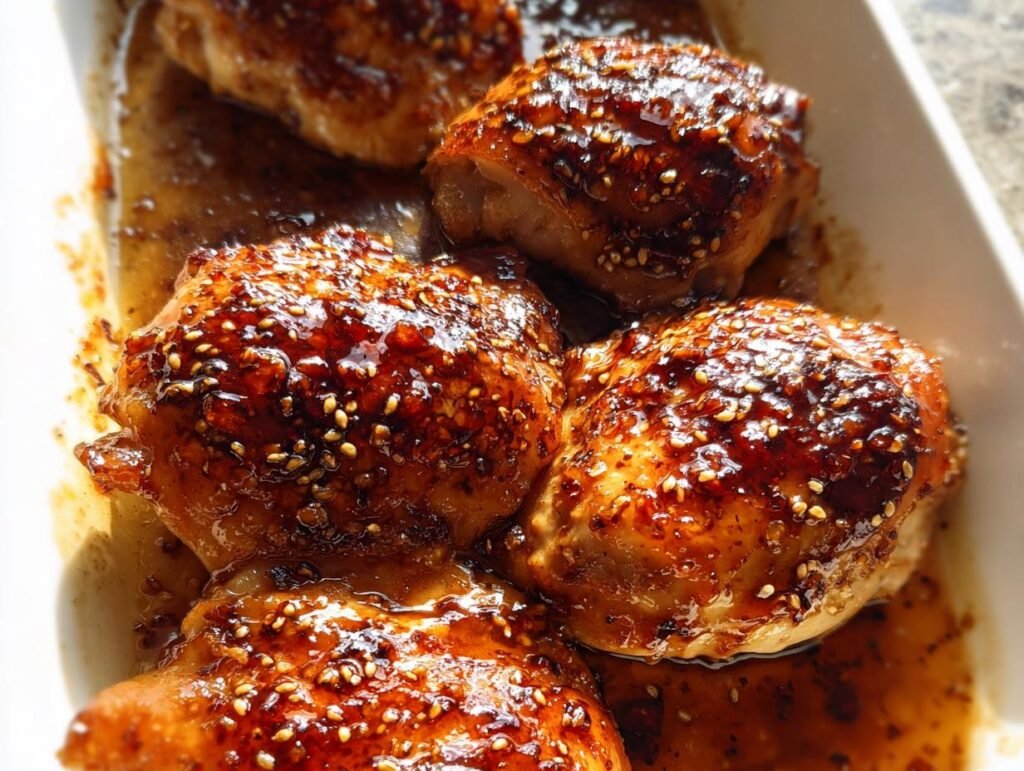 Close-up of four juicy Skillet Honey Garlic Chicken Thighs covered in a thick, glossy glaze and sprinkled with sesame seeds.