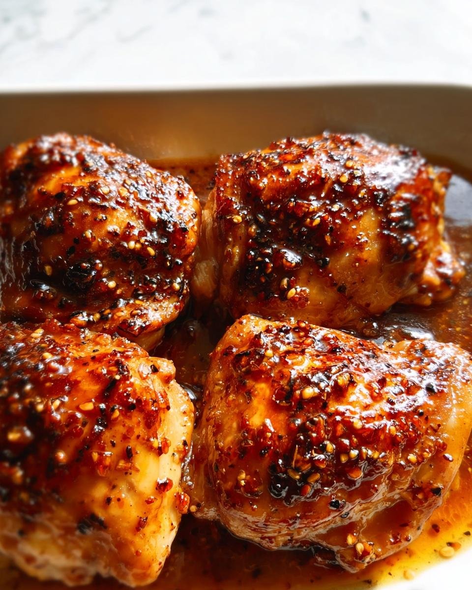 Four pieces of juicy Skillet Honey Garlic Chicken Thighs coated in a thick, glossy, dark glaze with visible sesame seeds.