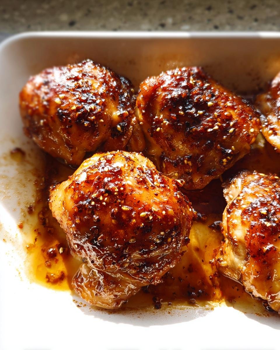 Close-up of four glazed Skillet Honey Garlic Chicken Thighs covered in sticky sauce and sesame seeds.