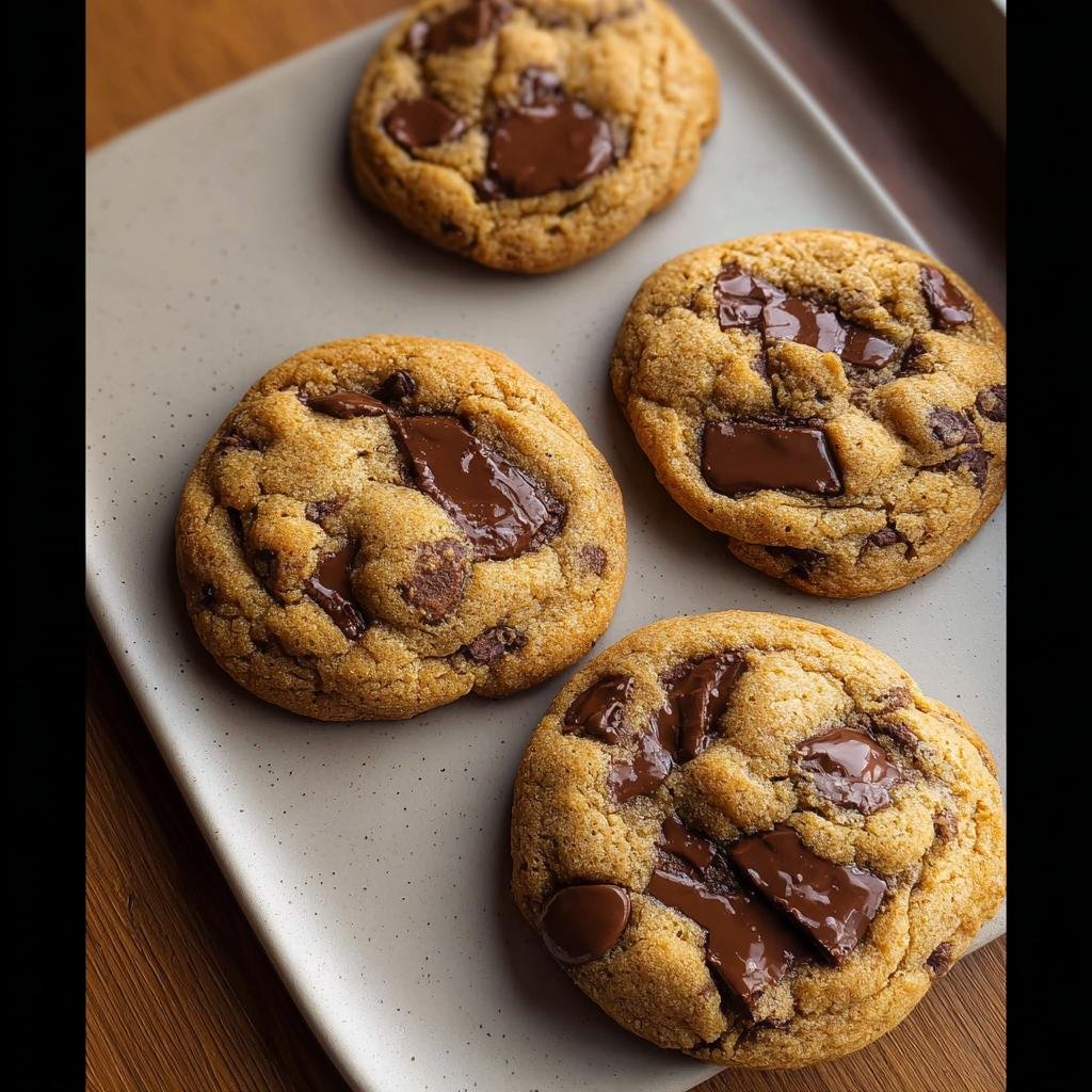 Four freshly baked Small Batch Chocolate Chip Cookies with melted chocolate chunks resting on a light gray speckled plate.