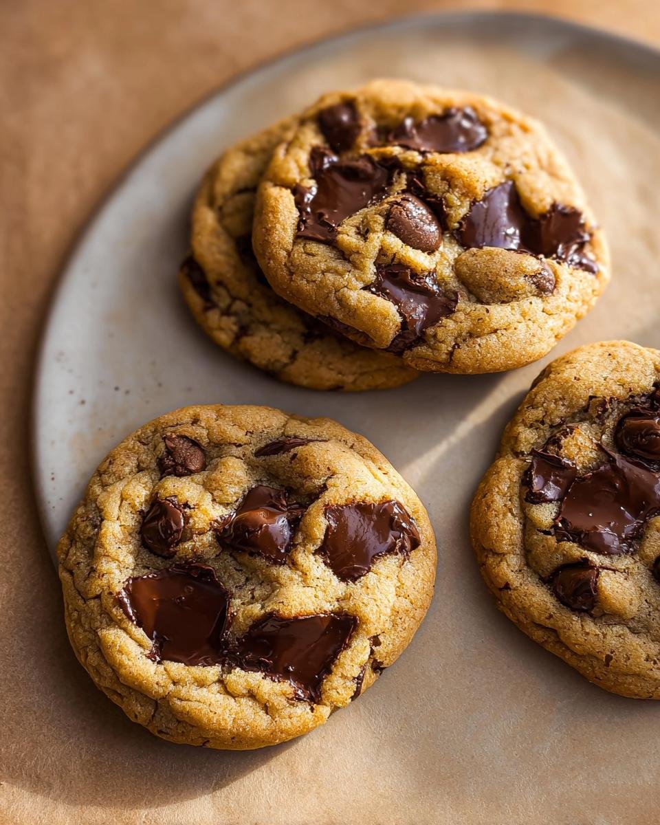 Four gooey Small Batch Chocolate Chip Cookies Makes Six piled on a neutral plate.