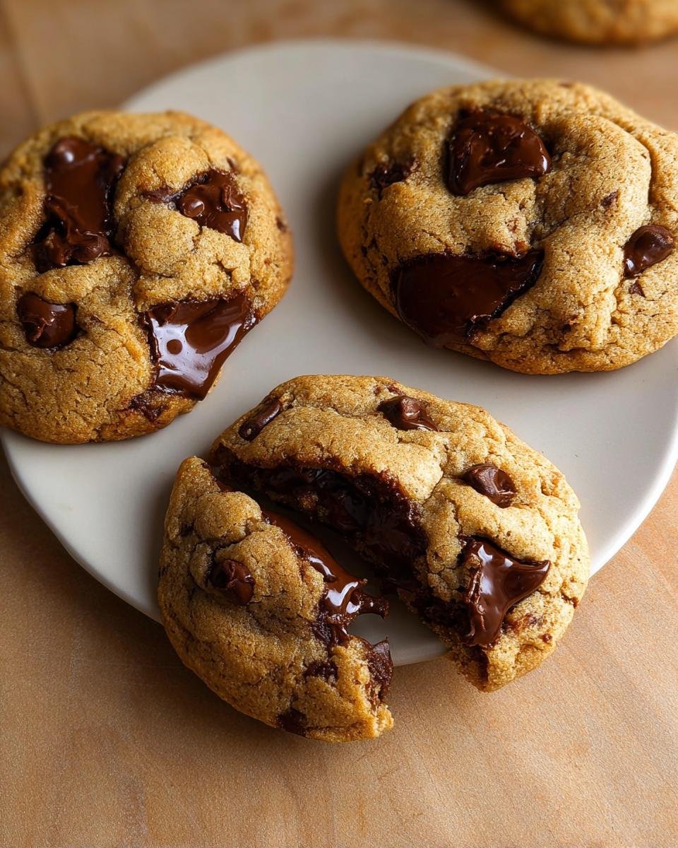 Three freshly baked Small Batch Chocolate Chip Cookies Makes Six, one broken open showing melted chocolate.