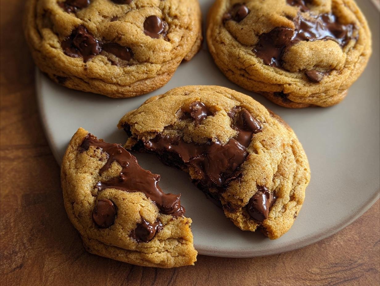 Close-up of a gooey Small Batch Chocolate Chip Cookies Makes Six, broken in half showing melted chocolate.