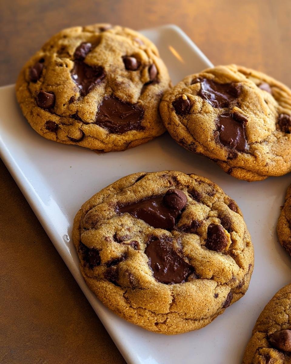 Close-up of gooey Small Batch Chocolate Chip Cookies Makes Six served on a white rectangular plate.