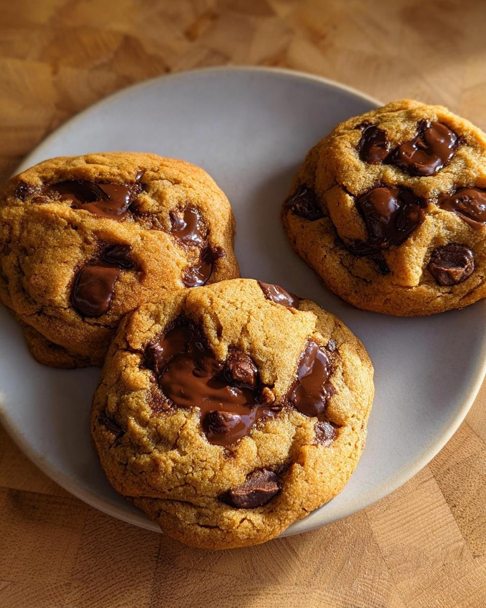 Three freshly baked Small Batch Chocolate Chip Cookies with melted chocolate puddles on a light gray plate.