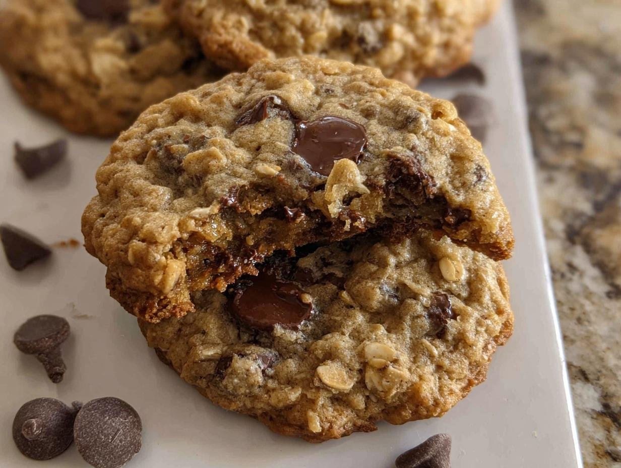 Close-up of Oatmeal Chocolate Chip Cookies Soft Center, broken in half showing gooey melted chocolate.