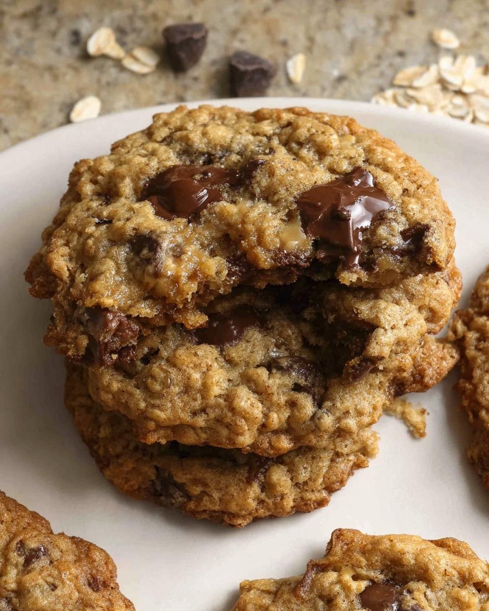 Close-up of stacked Oatmeal Chocolate Chip Cookies Soft Center with melted chocolate oozing out.