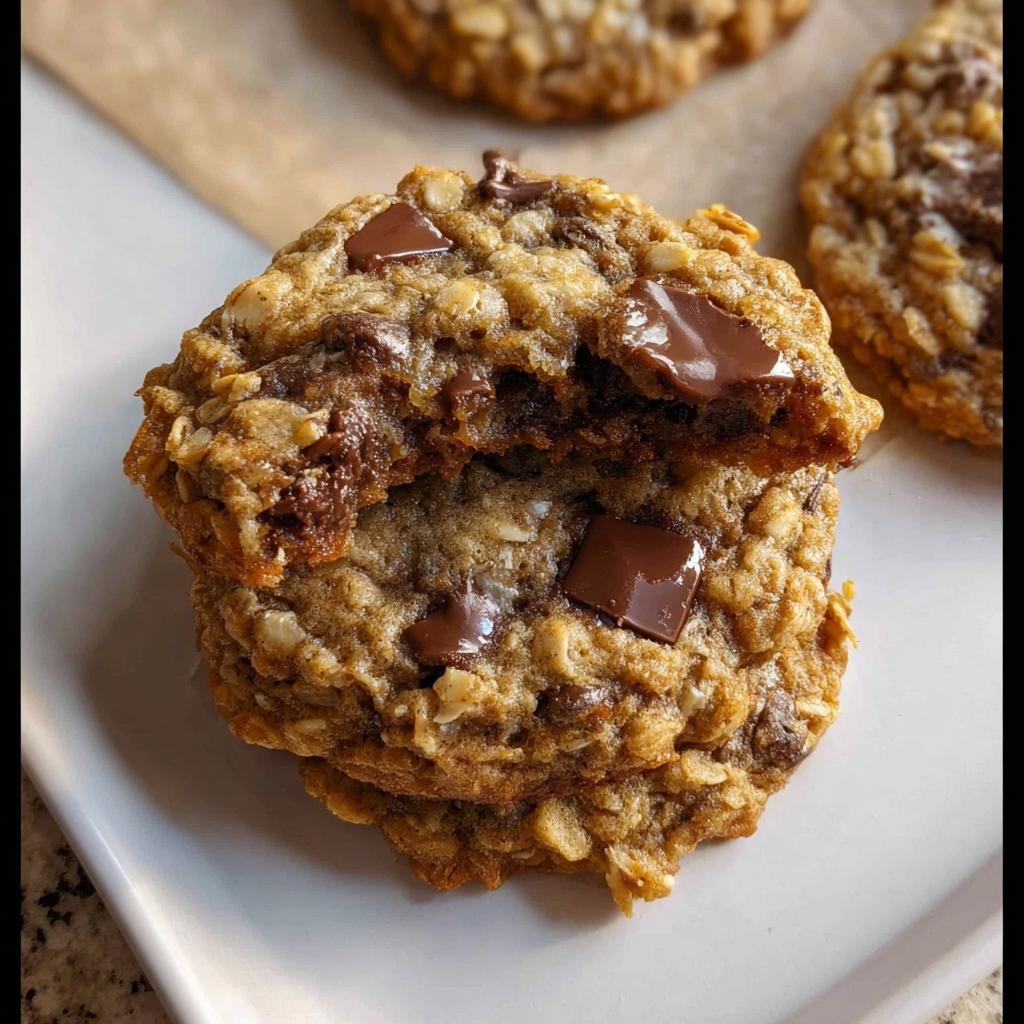 Stack of two Oatmeal Chocolate Chip Cookies Soft Center, one broken open revealing a gooey interior and melted chocolate chunks.