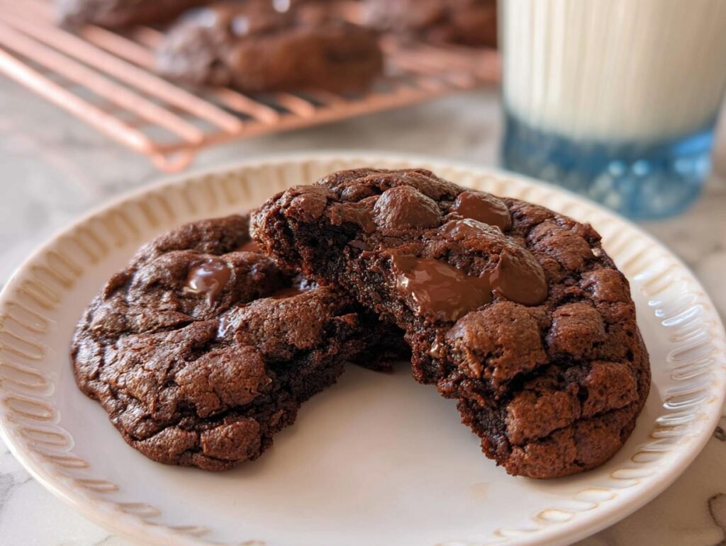 Two Soft and Chewy Double Chocolate Chip Cookies, one broken open showing the gooey center and melted chocolate chips.