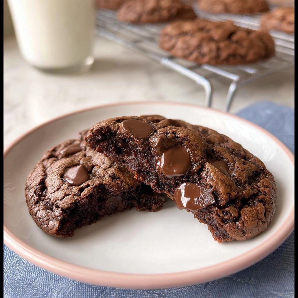 A rich, dark chocolate cookie, broken in half to show the soft, chewy interior and melted chocolate chips of the Soft and Chewy Double Chocolate Chip Cookies.